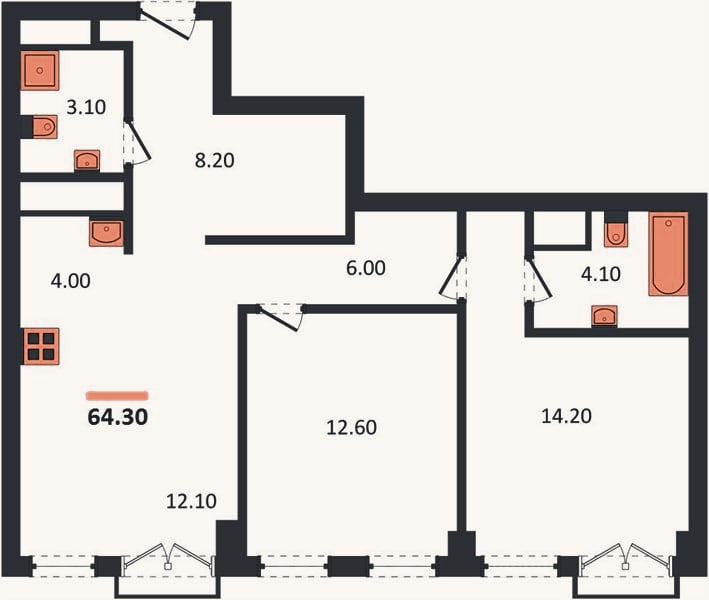 Планировка: 2-к, 64,3 м²