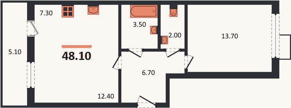 Планировка: 1-к, 48 м²