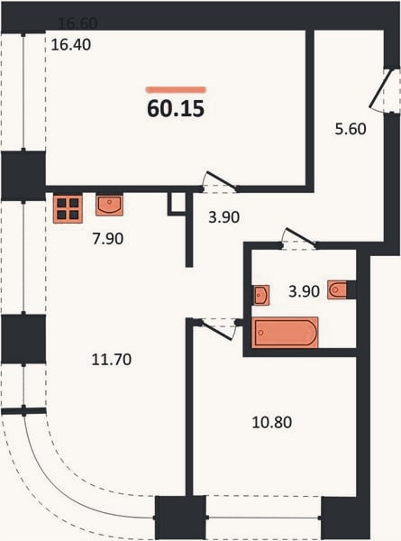 Планировка: 2-к, 60,2 м²