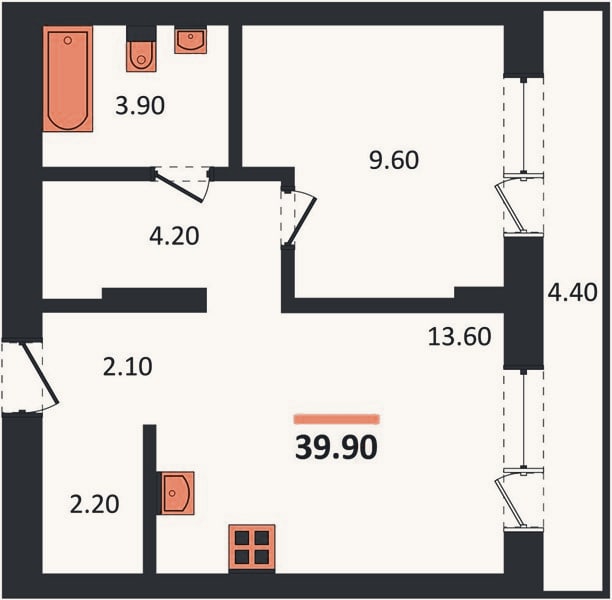 Планировка: 1-к, 39,9 м²