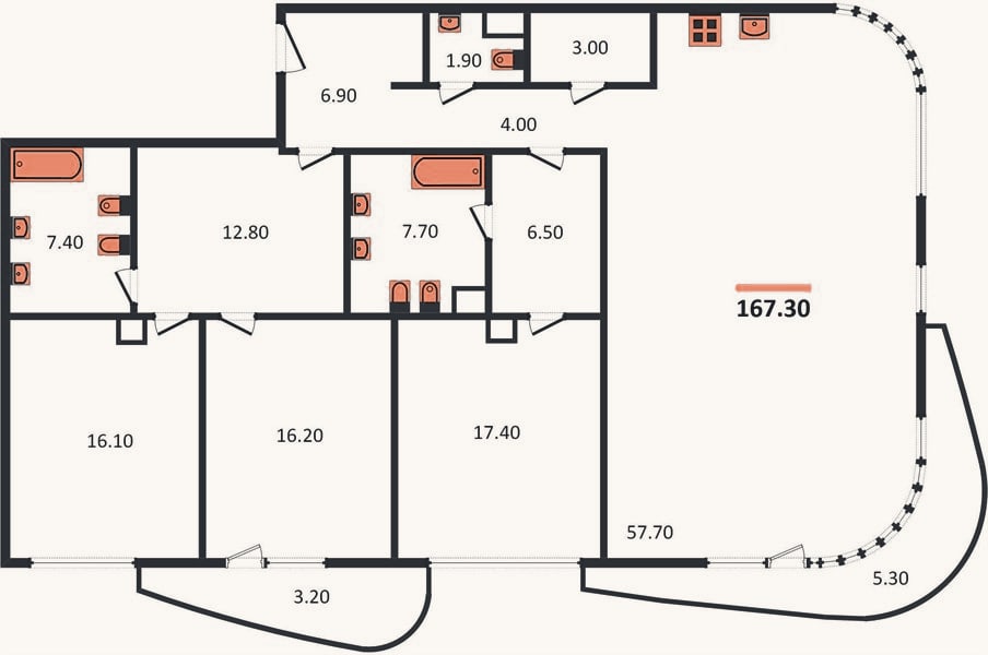 Планировка: 3-к, 167,3 м²