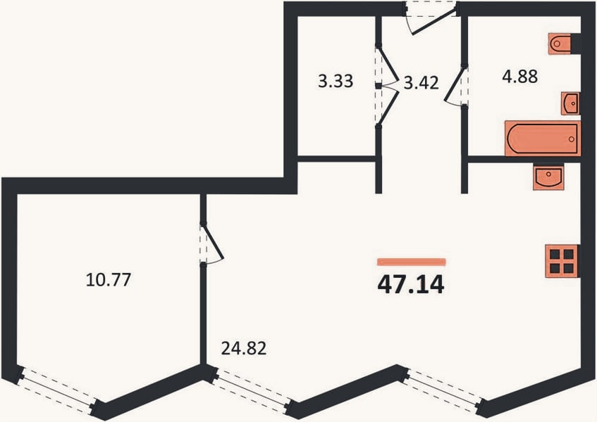 Планировка: 1-к, 47,1 м²