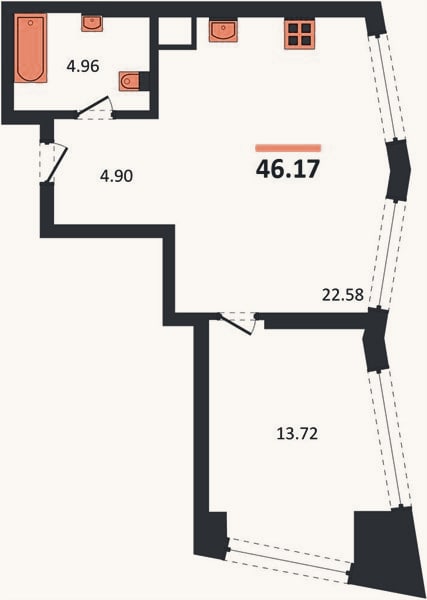 Планировка: 1-к, 46,2 м²
