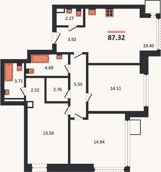 Планировка: 3-к, 87,3 м²