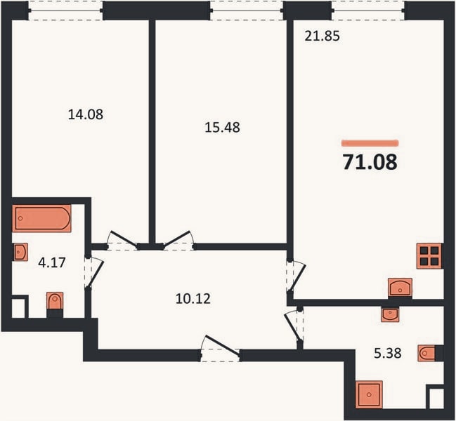 Планировка: 2-к, 71,1 м²
