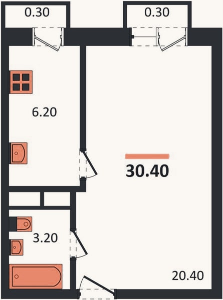 Планировка: 1-к, 30,4 м²