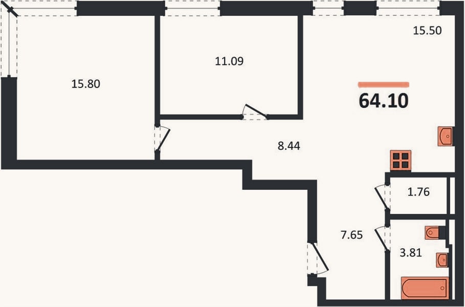 Планировка: 2-к, 64,1 м²