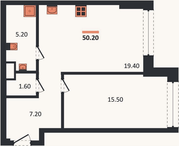 Планировка: 1-к, 50,2 м²