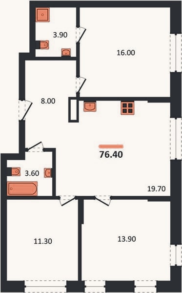 Планировка: 3-к, 76,4 м²