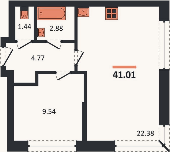 Планировка: 1-к, 41 м²