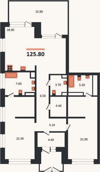 Планировка: 2-к, 125,8 м²