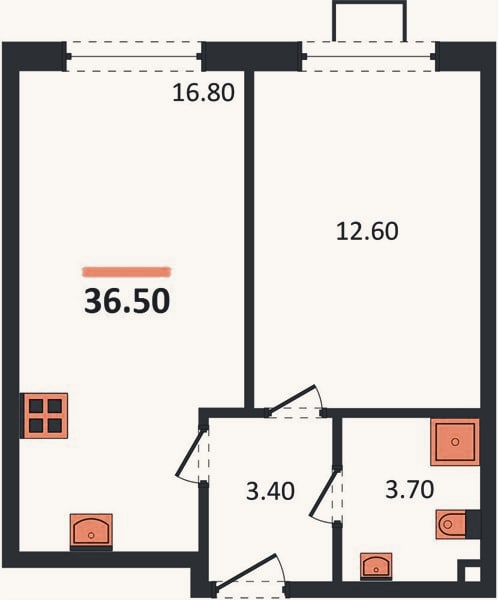 Планировка: 1-к, 36,5 м²