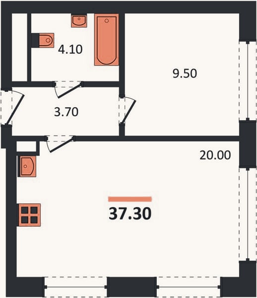 Планировка: 1-к, 37,3 м²