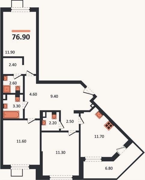 Планировка: 3-к, 76,9 м²
