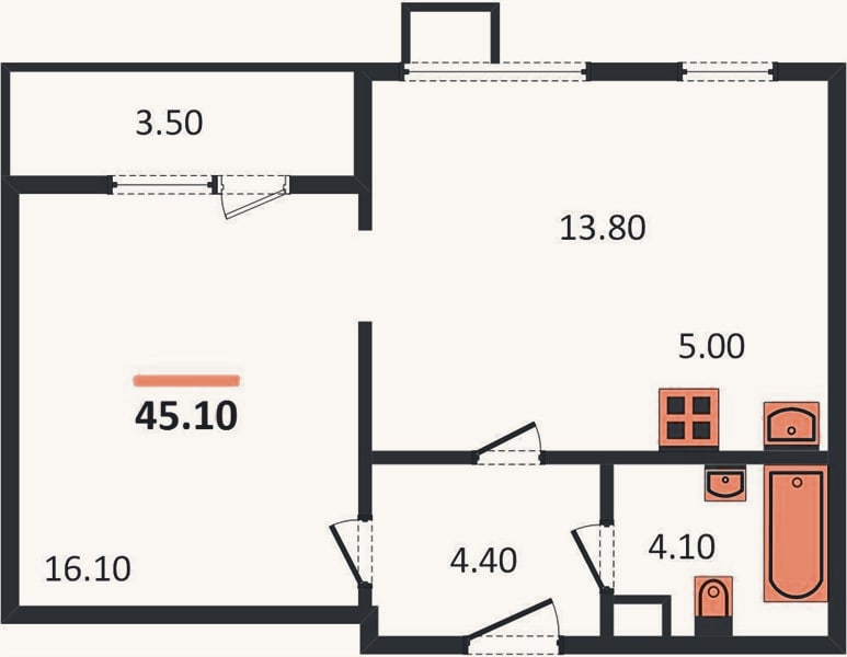 Планировка: 1-к, 45,1 м²