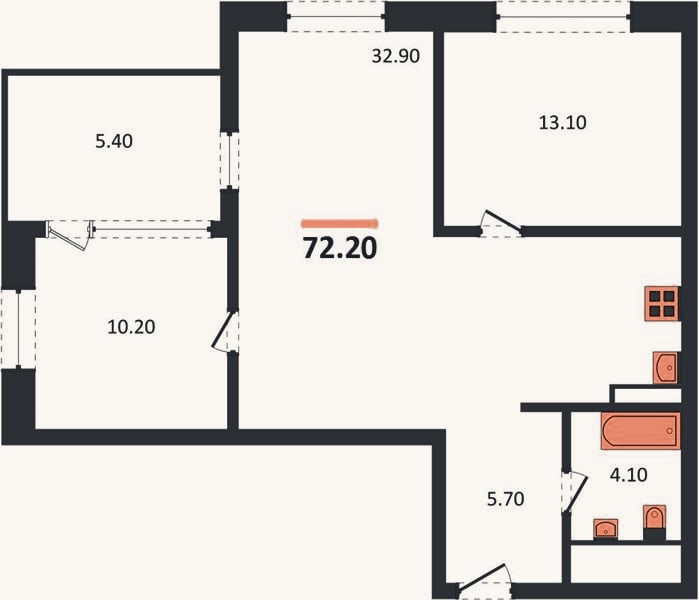 Планировка: 2-к, 72,2 м²