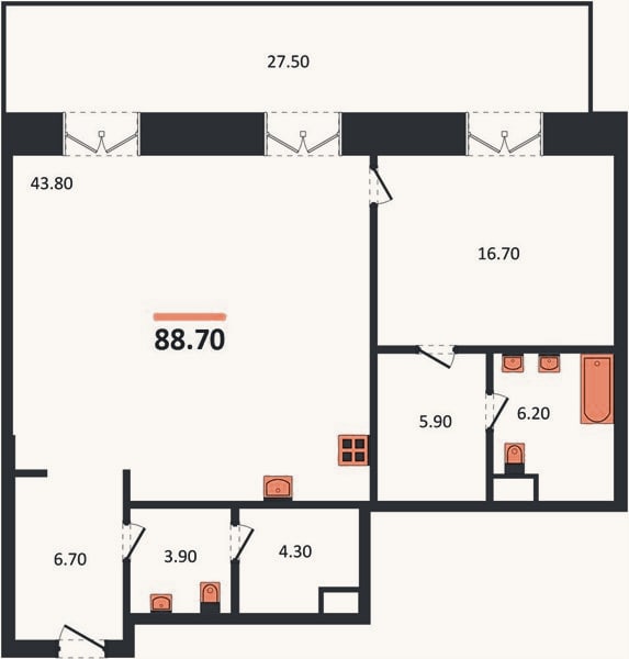 Планировка: 1-к, 88,7 м²