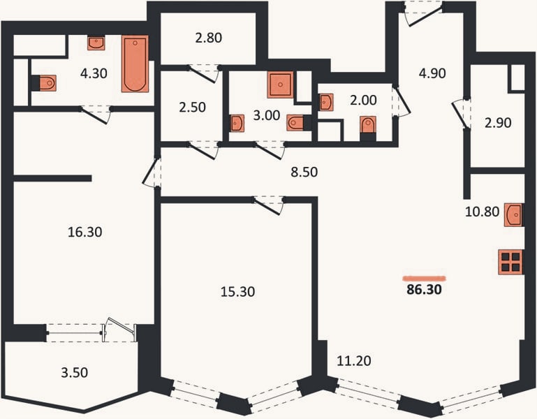 Планировка: 2-к, 86,3 м²