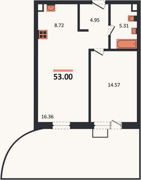 Планировка: 1-к, 53 м²
