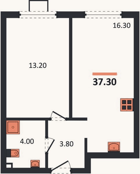 Планировка: 1-к, 37,3 м²