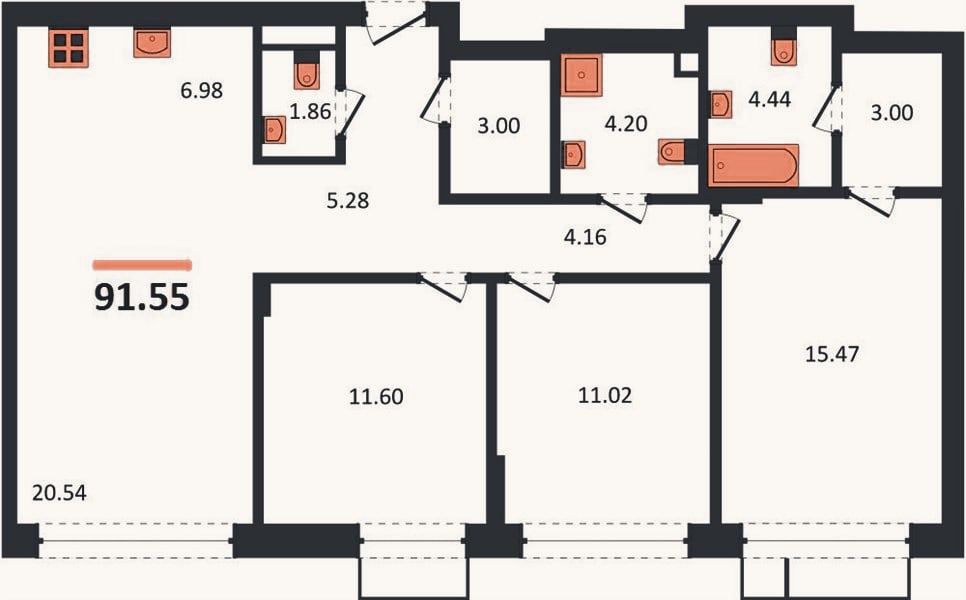 Планировка: 3-к, 91,6 м²
