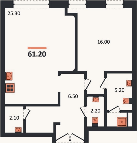 Планировка: 1-к, 60,9 м²