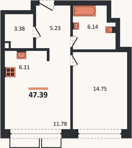 Планировка: 1-к, 47,4 м²