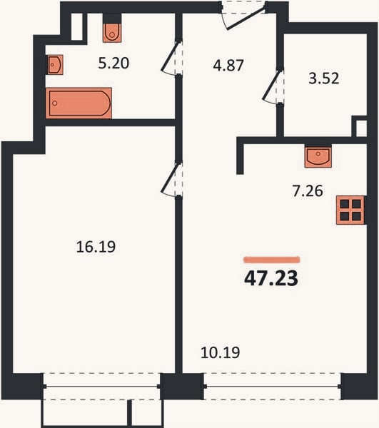 Планировка: 1-к, 47,2 м²