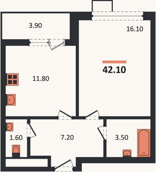 Планировка: 1-к, 42,1 м²