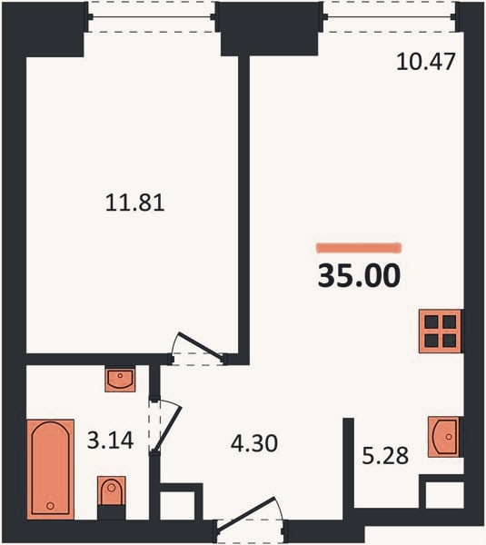 Планировка: 1-к, 35 м²