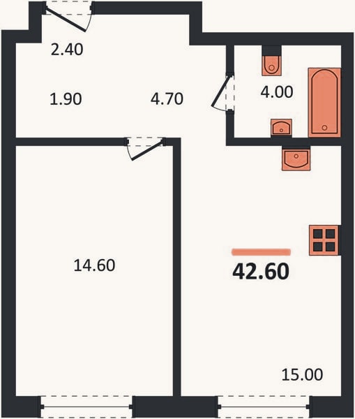 Планировка: 1-к, 42,6 м²