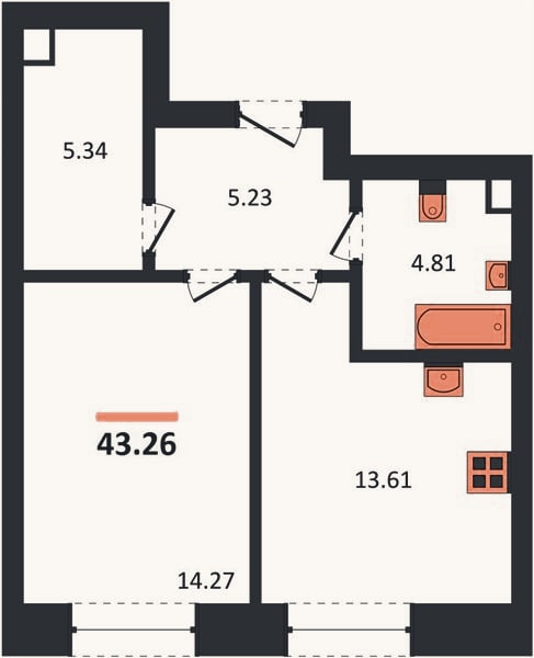 Планировка: 1-к, 43,3 м²