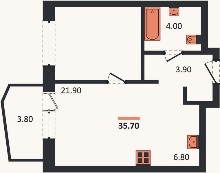 Планировка: 1-к, 35,7 м²