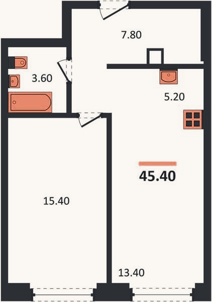 Планировка: 1-к, 45,4 м²