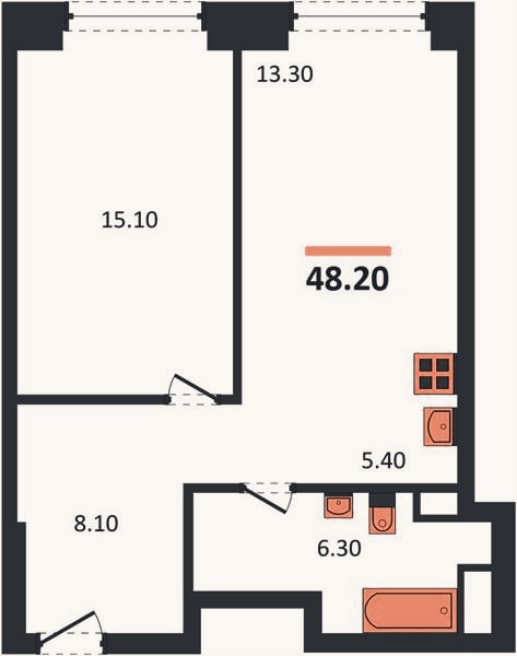Планировка: 1-к, 48,2 м²