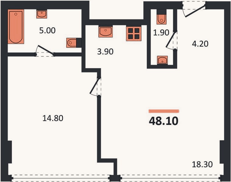 Планировка: 1-к, 48,1 м²