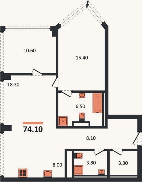 Планировка: 2-к, 74,1 м²