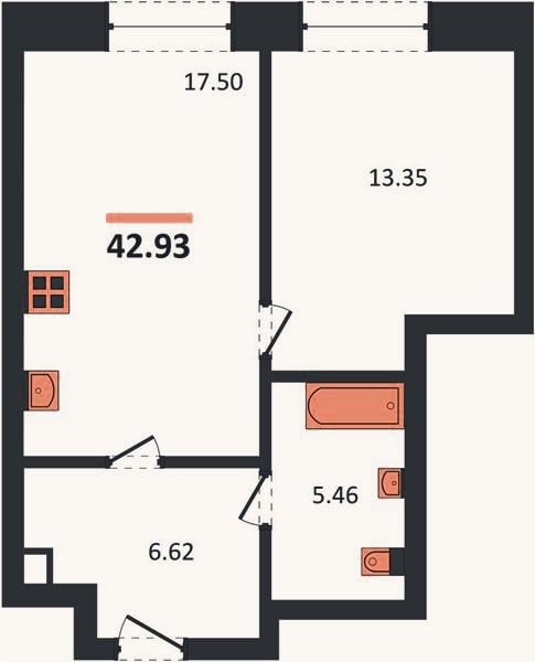 Планировка: 1-к, 42,9 м²