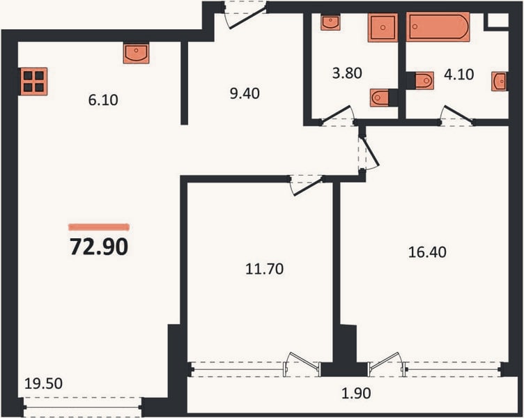 Планировка: 2-к, 72,9 м²
