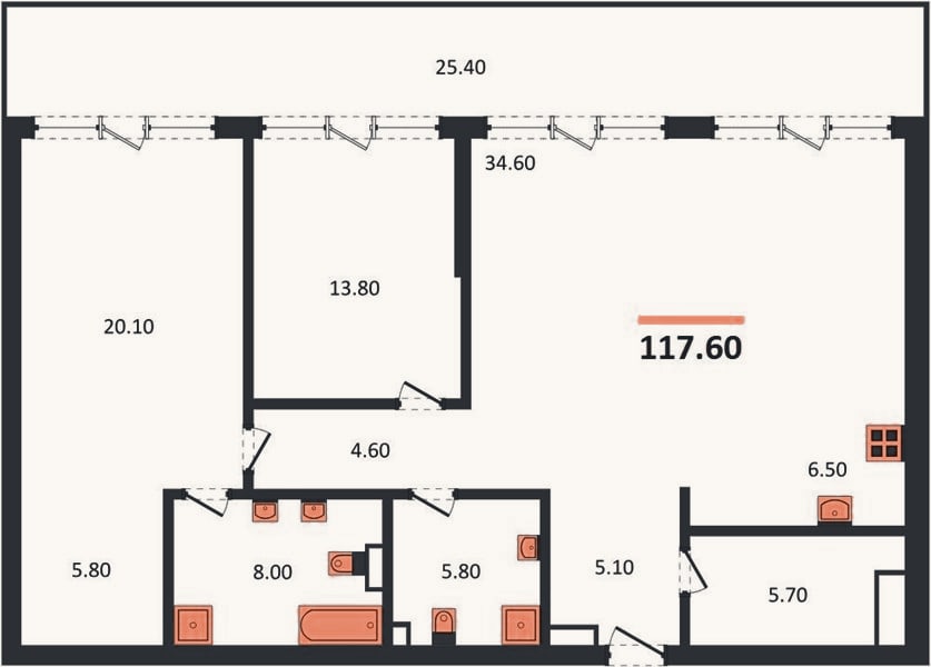Планировка: 2-к, 117,6 м²
