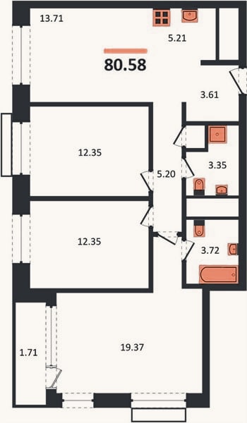 Планировка: 3-к, 80,6 м²