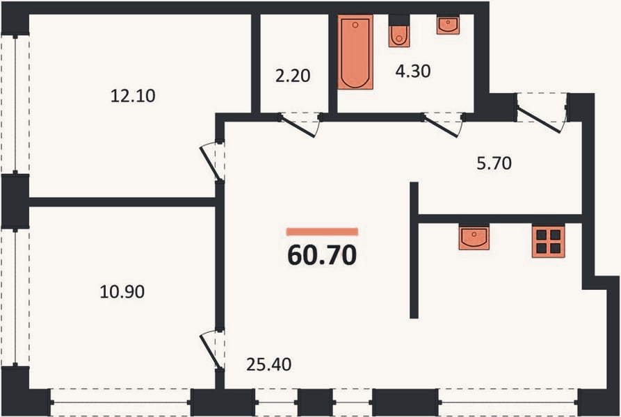 Планировка: 2-к, 60,7 м²