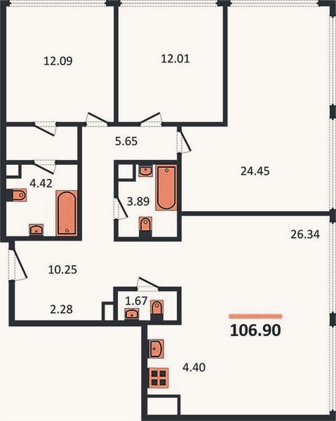 Планировка: 3-к, 106,9 м²