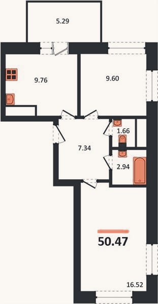 Планировка: 2-к, 50,5 м²