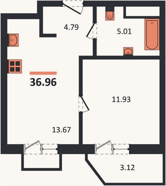 Планировка: 1-к, 37 м²