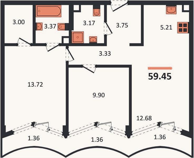 Планировка: 2-к, 59,5 м²