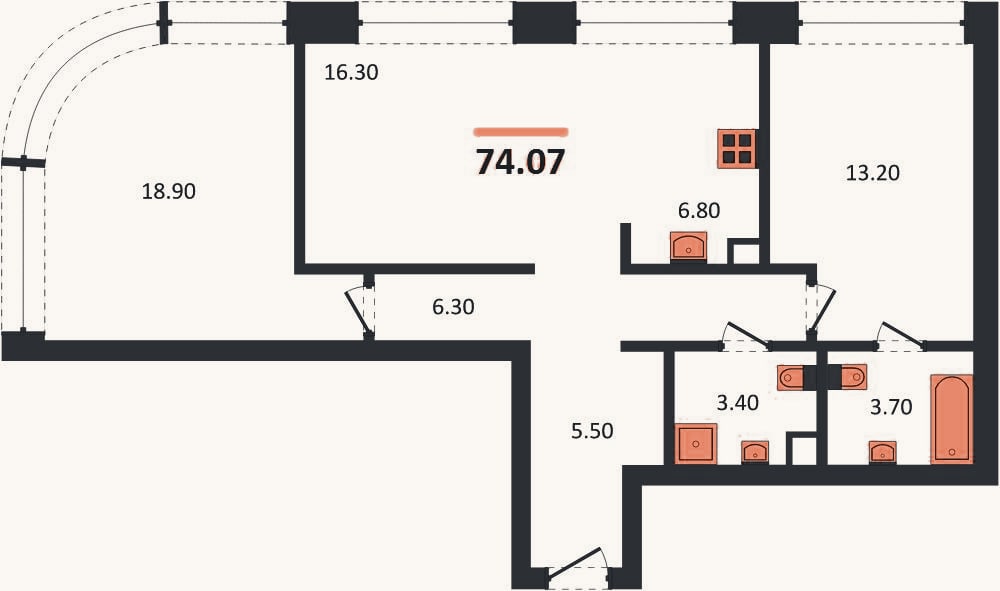 Планировка: 2-к, 74,1 м²