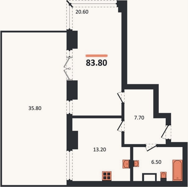 Планировка: 1-к, 83,8 м²
