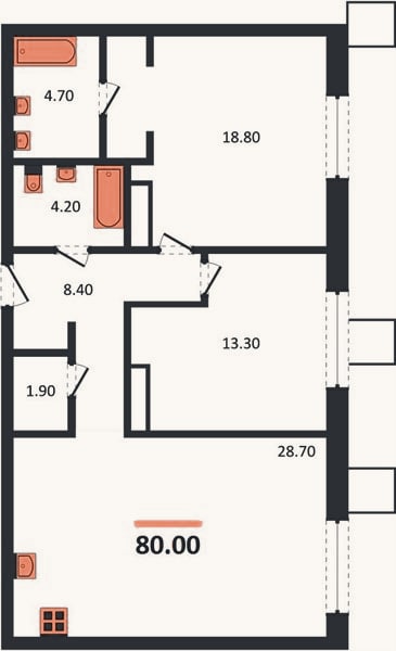 Планировка: 2-к, 80 м²