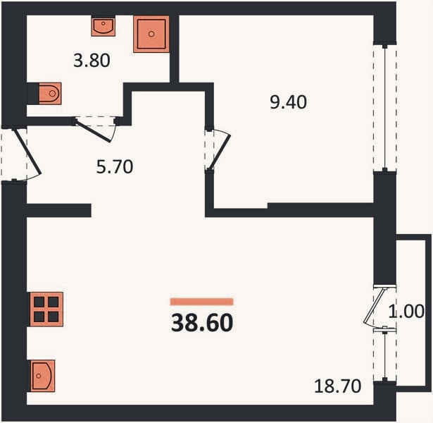 Планировка: 1-к, 38,6 м²